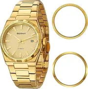 [BERNY] Gold Watches for Men Automatic Mechanical Wristwatch 5ATM Waterproof Male Classic Dress Watches Business Watch with Calendar Super Luminous Comes with 2 Replaceable Bezels, Classic