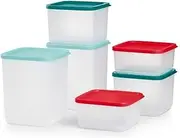 [Tupperware] Stacking Square Storage Set, Dishwasher Safe and BPA Free (6 Clear Containers, 6 Colored Lids in Green and Red)