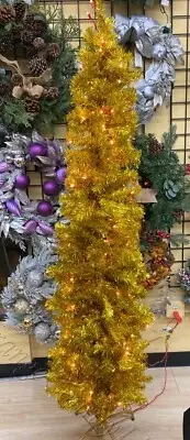Northlight | Pre Lit Gold Tinsel Pencil Christmas Tree Clear Lights 6 Ft.