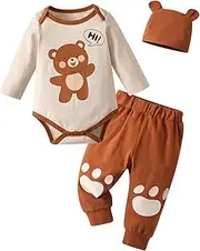 [Kumsolu] Baby Boy Clothes Bear Print Long Sleeve Tops + Pants 3Pcs Outfit Set, Brown, 3-6 Months