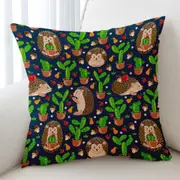 Cute Hedgehog and Cactus Cushion Cover