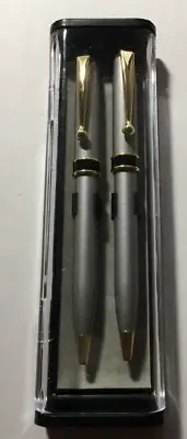 SET OF 2 VINTAGE "SILVER-FINISH" PENS In Case Premium Pens Writing Utensils NICE