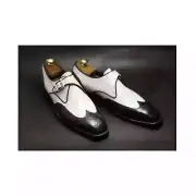 Handmade Alligator Texture Men Leather Shoes, Black & White Monk Dress Shoes