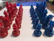 Chess Piece set- Limited Edition, "Brilliant Blue" and Fireball Red, Hi Gloss