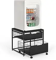OUDUCK Mini Fridge Stand with Storage Drawer, 21.7”x21.7” Heavy Duty Mini Fridge Table with Wheels, Rolling Beverage Cart with Basket for Home, Office, Bedroom