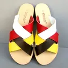 Women's Designer Wide Criss Cross Top Grain Leather Flat Slip On Sandals Slides