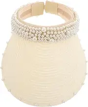 [TOVINANNA] Women's Wide Brim Straw Sun Visor Hat with Faux Pearl Accents Breathable Open Top Design for Beach Weddings Bridal Showers and Summer Events Light Yellow