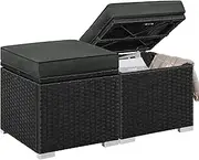 Yaheetech Wicker Ottomans, Set of 2 Patio PE Rattan Side Tables with Hidden Storage & Removable Cushion, Outdoor/Indoor Footstools, Additional Seating for Garden/Balcony/Yard, Black/Gray