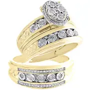 10K Yellow Gold Real Diamond Trio Set Cluster Bridal Ring + Wedding Band 1/2 CT.