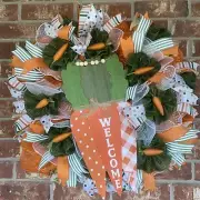 Easter Wreath 24” Welcome Carrot Wood Sign Mesh Ribbon Burlap