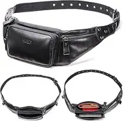 [CataPurus] Top Grain Genuine Leather Slim Waist Pack for Man & Woman, Vintage Design & 4 Zipper Pockets & Adjustable Strap, Handmade, Large Capacity Fanny Pack Crossbody Belt Bag for Travel or Ride, Glossy Black