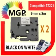 2 Laminated BK on White 9mm Tape for Brother TZ221 PT-1950 PT-2420PC PT-2430PC