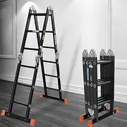 [PORIYA] 3.7M Multi Purpose Ladder, 7 in 1 Aluminium Folding Platform Extension,150 KG Adjustable Step New Fold,for Flexiable Household Warehouse Outdoor Work (Black)