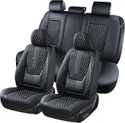 Coverado Car Seat Covers Full Set 5PCS, Waterproof Car Seat Protector with Lumbar Support, Nappa Leather Front and Back Seat Cushion for Cars Universal Fit for Most Sedans SUV Pick-up Truck(Black)