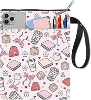 craspire 11 x 8.6 Inch Book Cover Pink Cute Bow Hat Coffee Protection Book Covers Pocket Books Washable Fabric Bag Handle with Zip Front for Book Lovers Readers Notebook Covers