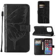 For iPhone 14 Pro Max Case, Embossed Floral Butterfly, PU Leather Wallet Cover, Lanyard, Stand, Black