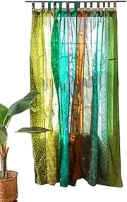 Assorted Hippie Colorful Curtains Light-Filtering – Boho Curtains, Bed Canopy Panel, Tapestry or Window Treatment Patchwork Green Color (84 X 43 Inches)