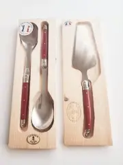 New Jean Dubost Red Laguiole Cake Server and Salad Server Set. Made in France.