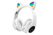 Cat Ear Wireless Over Ear Bluetooth Headphones LED Light Up Foldable Adjustable-White