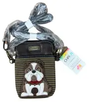 NWT Chala Bulldog Dog Brown Stripe Cell Phone Crossbody Purse Adjustable Strap