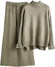 [UIOKLMJH] Autumn Winter Thick Loose Women Knitted Set Half Turtleneck Sweaters Lace-Up Wide Leg Pants Female Sweater Set