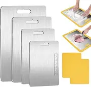 9SHOME 4PCS Stainless Steel Chopping Board, Thickened Cutting Boards for Kitchen, Double Sided Food-Grade Hanging Kitchen Pastry Board with Silicone Mats for Meat Fruit and Vegetable, 1.5mm Thick