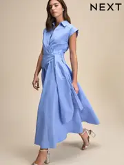 Light Blue Cap Sleeve Tie Waist Shirt 100% Cotton Dress (AK3145) | $131