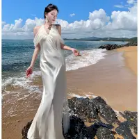 在飛比找蝦皮商城精選優惠-Miguo_緞面香檳晨袍 奶油杏洋裝 新娘婚禮吊帶婚紗連衣裙