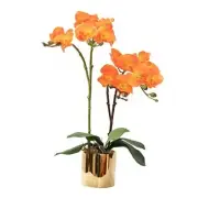 Artificial Orchid Flower Plant Real Touch Faux Orchids in Orange- Golden