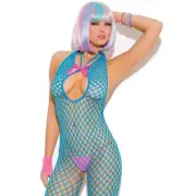Crochet Pot Hole Bodystocking Footless Lace Trim Crotchless Neon Blue Pink 8752