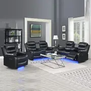 3+2+1 Seater Seater Finest Black Leatherette Recliner Feature Console LED Light Ultra Cushioned
