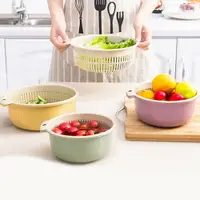 在飛比找松果購物優惠-☆【圓形瀝水籃】綠色六件組 廚房創意雙層鏤空瀝水籃 蔬菜水果