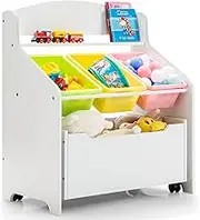 HONEY JOY Kids Wooden Storage Cabinet with Rolling Casters, Book Shelf Organiser/Toy Storage for Kids, Furniture Set Storage Unit with 3 Bins, Preschool/Homeschooling Mobile Organiser Shelf, White