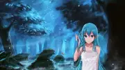 Anime girls blue hair long eyes pointy ears looking at Playmat Gaming Mat Desk