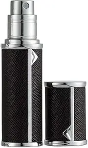 Yeejok Perfume Atomizer for Travel, Portable Mini Refillable Empty Perfume Bottles, Leakproof Cologne Container Perfume Spray Bottle for Men Women, 5ml Scent Pump Case with Leather Case-Black(Silver)