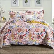 Quilt Set Full Queen Size Super Soft Cotton Bedspread Light Weight Floral Printed Coverlet/Bed Cover/Quilt Set for All Season, 3 Pieces (1 Quilt,2 Pillow Shams)