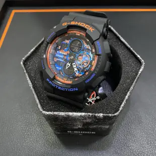 G-SHOCK 都市霓虹燈設計鬧鈴/計時碼錶/世界時區/防水200米雙顯電子錶（黑X藍橘迷彩）_ GA-140CT-1A