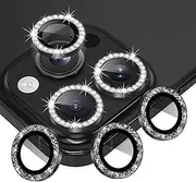AGVEE 3+3 6 Pack for iPhone 16 Pro 6.3" / 16 Pro Max 6.9" Camera Lens Cover Protector, Bling Diamond & Bling Glitter Metal Ring 9H Tempered HD Glass Camera Cover Protector Film, Bling-Black