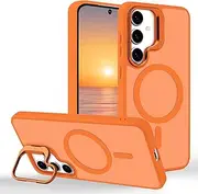 [Tcaraersing] for Samsung Galaxy S24 Magnetic Case with Stand [Compatible for MagSafe] Built-in Camera Ring Holder Stash Kickstand Slim Matte Frosted Cover Anti-Fingerprint, Orange
