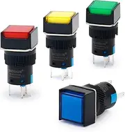 Baomain 16Mm Push Button Switch Latching Square Cap LED Lamp Red Yellow Blue Green Light Dc 12V Spdt 5 Pin 4 Pack