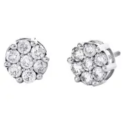 10K White Gold Round Diamond Flower Stud 9mm Prong Set Cluster Earrings 1.50 CT.