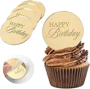 Wolpark 20pcs Gold Mirror Acrylic Cupcake Toppers Acrylic Engraved Cake Picks Cupcake Disc Happy Birthday Cake Decoration Circle Round Shape DIY Party Supplies
