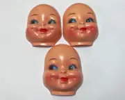 VTG 3 DOLL HEADS FACES CELLULOID 3.5” Plastic Blue Side Eye Dimples Kitschy HK