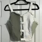 BOOHOO Size 4 NWT Patchwork Cut Out Denim Bralette Sage White Sleeveless Cropped