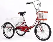 DEFGHIJ Pedal Tricycle Adult with Vegetable Basket for Parents Three Wheeled Bikes Power Assisted Three Wheel Bicycle Load Bearing 160Kg (Silver Gray)(Wine Red)