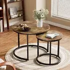 Nesting Coffee Table Set of 2 Round Rustic Wood Top 23.6" End Table Metal Frame
