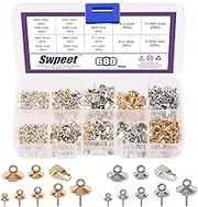 Swpeet 680Pcs Gold and Sliver 3mm 4mm 5mm 6mm 8mm Cup Pearl Screw Eye Pin Bail Peg Pendants with 7mm Pendant Charm Clasps Connector Kit, Perfect for Half-drilled Beads Jewelry Making