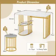 3-Piece Dining Table Set with Stools & 2-Tier Storage Shelf, White & Gold