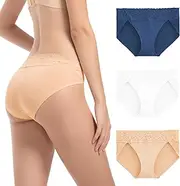 [OEIOEI] Bamboo Underwear Women Lace Trim Knickers Low Rise Briefs Soft Hipster Panties Pack of 3