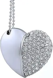 WooTeck 16GB Crystal Loving Heart Shape Jewelry USB Flash Drive Memory Stick with Necklace,Silver